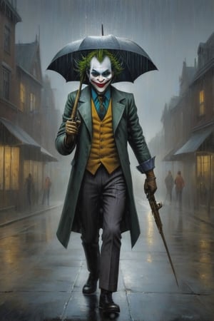8k, The joker broke out in the middle of the picture, showing a smile, holding gold in the left hand, holding a weapon in the right hand, and a heavy rain in the dark -style city,showing his face and cock,dr24lina, Big dick, in the style of esao andrews,esao andrews style,esao andrews art