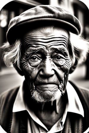 Street photography,masterpiece, best quality, photorealistic, raw photo,old man, Portrait, B&W