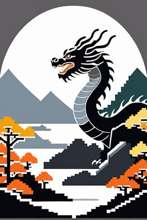 8bit Pixel, 256 color, Gray backround,Ukiyo-e 
art,cityscape, dragon