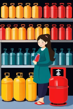 Gas store , a Asian cute girl sold, many gas cylinder background