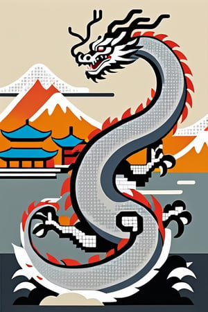 8bit Pixel, 256 color, Gray backround,Ukiyo-e 
art,cityscape, chinesens dragon