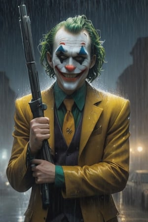 8k, The joker broke out in the middle of the picture, showing a smile, holding gold in the left hand, holding a weapon in the right hand, and a heavy rain in the dark -style city,showing his face and cock,dr24lina, Big dick, in the style of esao andrews