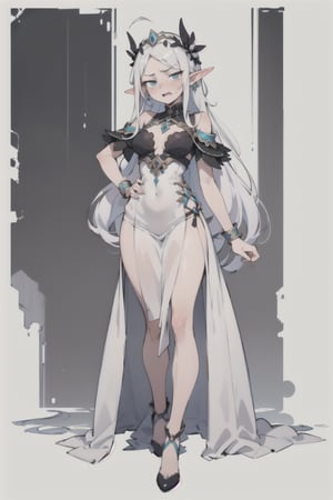 elf princess, 18 years old, arrogant look, bratty, long white hair, beautifull dress, medium breasts, disgusted look, full body, mocking face