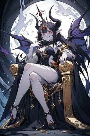 A demonic queen sits majestically upon a dark, ornate throne, her demonic skin glowing with an otherworldly aura. Her horned headpiece appears to be infused with malevolent energy, as she radiates pure evil from every fiber of her being. The camera captures her full figure in high resolution, emphasizing the menacing presence that fills the frame.