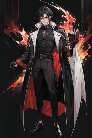 30 years old male, tall, badass, dark clothing, black long jacket, black gloves, red eyes, medium lenght black messy hair, serious blank expression, holding a dark-red tome eminating creepy red energy, custom background, full body, good looking, modern clothing, black shirt, well-trained, handsome