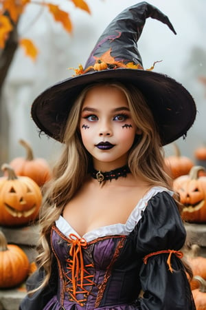 a  woman,8k RAW photo, （（Halloween Style））top-quality, witch clothing、Witch's broom、Halloween Pumpkins、​masterpiece,A high resolution, film grains, filmg, 1girl in, looking at the viewers, natural skin textures, realistic eyes and face details, Perfect tooth alignment、Perfect eyes and perfect mouth、 bangss, Halloween hat、halloween makeup style、Clothes are disheveled、full body Esbian, Halloween2024