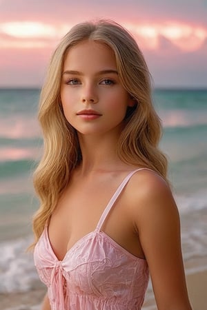 1 woman , 34 year-old, Beautifull, white skin, Alone,with a subtle rosy glow on her cheeks, and carries herself with an air of elegance and poise,Despite her elegant demeanor, there is an underlying force in his gaze.Posing on the beach in the evening breeze.sexy bathing suit,Full body, (best quality, 4K, 8K, high-resolution, masterpiece), ultra-detailed, realistic, photorealistic, intricate design, vibrant colors, detailed facial expression, otherworldly appearance, glowing elements, complex patterns, high contrast, dynamic lighting, cinematic composition, high detail, high resolution.relaxing on the beach, (highly detailed face:1.4), Ultra High Resolution, (Realistic: 1.4), image hyperealism, . She exuded grace and elegance, full body shot more detail XL,, (dynamic seducing pose)
more detail XL,Rebecca,glass beach, crystal marbles, scenery, sky, water