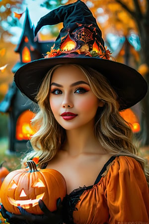 Woman in a Halloween cosplay , (highly detailed face:1.4), Ultra High Resolution, (Realistic: 1.4),（（Halloween Style））top-quality、Halloween Pumpk、holding jack-o'-lantern glowing flame, 、in the dark of the night time, in a spooky forest, Witch castle in the background, dark atmosphere, Halloween hat、halloween makeup style, #Halloween2024