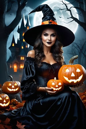 Woman relaxing in Halloween theme , (highly detailed face:1.4), Ultra High Resolution, (Realistic: 1.4),（（Halloween Style））top-quality, Witch clothing、Witch's broom、Halloween Pumpk、holding jack-o'-lantern glowing flame, ​masterpiece,A high resolution, film grains, filmg, 1girl in, looking at the viewers, natural skin textures, realistic eyes and face details, Perfect tooth alignment、Perfect eyes and perfect mouth、in the dark of the night time, in a spooky forest, Witch castle in the background, dark atmosphere, Halloween hat、halloween makeup style、Clothes are disheveled、full body Esbian, #Halloween2024