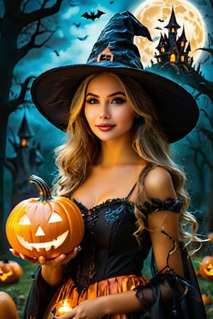 Woman in a Halloween cosplay , (highly detailed face:1.4), Ultra High Resolution, (Realistic: 1.4),（（Halloween Style））top-quality、Halloween Pumpk、holding jack-o'-lantern glowing flame, 、in the dark of the night time, in a spooky forest, Witch castle in the background, dark atmosphere, Halloween hat、halloween makeup style, #Halloween2024