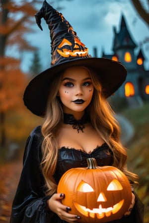 Woman in a Halloween cosplay , (highly detailed face:1.4), Ultra High Resolution, (Realistic: 1.4),（（Halloween Style））top-quality、Halloween Pumpk、holding jack-o'-lantern glowing flame, 、in the dark of the night time, in a spooky forest, Witch castle in the background, dark atmosphere, Halloween hat、halloween makeup style, #Halloween2024