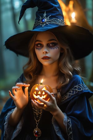 A bewitching scene unfolds: a woman wizard, adorned with intricate Wiccan makeup, capturing the wizard's powerful stance and the beast's malevolent intensity. Nighttime cinematography at its finest, with photorealistic detail, UHD quality, and a cinematic flair that would earn an award for visual mastery. in a spooky forest, Witch castle in the background, dark atmosphere, Halloween hat、halloween makeup style, #Halloween2024