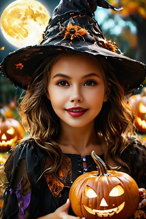 Woman relaxing in Halloween theme , (highly detailed face:1.4), Ultra High Resolution, (Realistic: 1.4),（（Halloween Style））top-quality, Witch clothing、Witch's broom、Halloween Pumpk、holding jack-o'-lantern glowing flame, ​masterpiece,A high resolution, film grains, filmg, 1girl in, looking at the viewers, natural skin textures, realistic eyes and face details, Perfect tooth alignment、Perfect eyes and perfect mouth、in the dark of the night time, in a spooky forest, Witch castle in the background, dark atmosphere, Halloween hat、halloween makeup style、Clothes are disheveled、full body Esbian, #Halloween2024