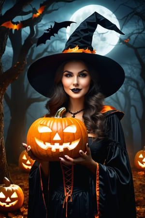 Woman relaxing in Halloween theme , (highly detailed face:1.4), Ultra High Resolution, (Realistic: 1.4),（（Halloween Style））top-quality, Witch clothing、Witch's broom、Halloween Pumpk、holding jack-o'-lantern glowing flame, ​masterpiece,A high resolution, film grains, filmg, 1girl in, looking at the viewers, natural skin textures, realistic eyes and face details, Perfect tooth alignment、Perfect eyes and perfect mouth、in the dark of the night time, in a spooky forest, Witch castle in the background, dark atmosphere, Halloween hat、halloween makeup style、Clothes are disheveled、full body Esbian, #Halloween2024