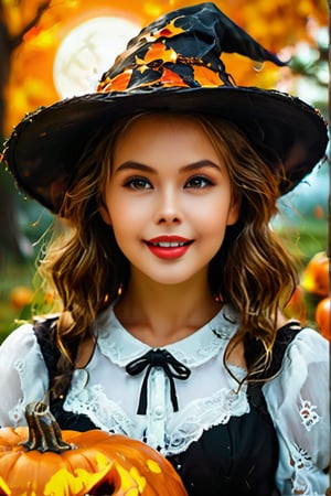 Woman relaxing in Halloween theme , (highly detailed face:1.4), Ultra High Resolution, (Realistic: 1.4),（（Halloween Style））top-quality, Witch clothing、Witch's broom、Halloween Pumpk、holding jack-o'-lantern glowing flame, ​masterpiece,A high resolution, film grains, filmg, 1girl in, looking at the viewers, natural skin textures, realistic eyes and face details, Perfect tooth alignment、Perfect eyes and perfect mouth、in the dark of the night time, in a spooky forest, Witch castle in the background, dark atmosphere, Halloween hat、halloween makeup style、Clothes are disheveled、full body Esbian, #Halloween2024