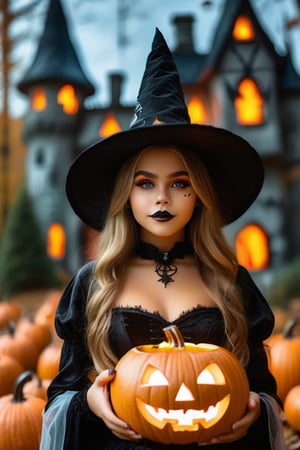 Woman in a Halloween cosplay , (highly detailed face:1.4), Ultra High Resolution, (Realistic: 1.4),（（Halloween Style））top-quality、Halloween Pumpk、holding jack-o'-lantern glowing flame, 、in the dark of the night time, in a spooky forest, Witch castle in the background, dark atmosphere, Halloween hat、halloween makeup style, #Halloween2024