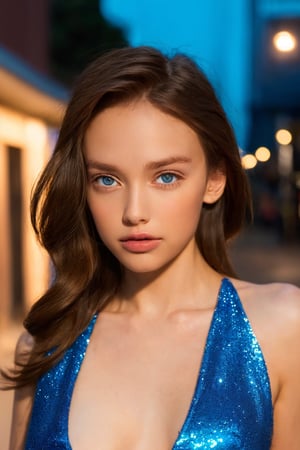 1 girl 22 year-old, ((Realistic lighting, Best quality, 8K, Masterpiece: 1.3)), Clear focus: 1.2, 1girl, Perfect Figure: 1.4, ((Dark brown hair)),  formal_dress, (Outdoor: 1.1), City streets, Super fine face, Fine blue eyes,Anastasya