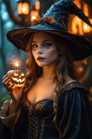 A bewitching scene unfolds: a woman wizard, adorned with intricate Wiccan makeup, capturing the wizard's powerful stance and the beast's malevolent intensity. Nighttime cinematography at its finest, with photorealistic detail, UHD quality, and a cinematic flair that would earn an award for visual mastery. in a spooky forest, Witch castle in the background, dark atmosphere, Halloween hat、halloween makeup style, #Halloween2024