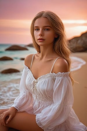 1 woman , 34 year-old, Beautifull, white skin, Alone,with a subtle rosy glow on her cheeks, and carries herself with an air of elegance and poise,Despite her elegant demeanor, there is an underlying force in his gaze.Posing on the beach in the evening breeze.sexy bathing suit,Full body, (best quality, 4K, 8K, high-resolution, masterpiece), ultra-detailed, realistic, photorealistic, intricate design, vibrant colors, detailed facial expression, otherworldly appearance, glowing elements, complex patterns, high contrast, dynamic lighting, cinematic composition, high detail, high resolution.relaxing on the beach, (highly detailed face:1.4), Ultra High Resolution, (Realistic: 1.4), image hyperealism, . She exuded grace and elegance, full body shot more detail XL,, (dynamic seducing pose)
more detail XL,Rebecca,glass beach, crystal marbles, scenery, sky, water