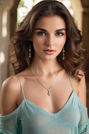 A beautiful 22-year-old woman , (her body fully exposed), exuding confidence and elegance, wearing  jewelry, full body, a necklace, off the shoulders, Sweaters, Realistic, A sexy, strong chest,. She has flawless skin that reflects the light softly. Her luscious, wavy hair cascades down her shoulders, adding a touch of sensuality to the scene. Her mesmerizing eyes, with long, dark eyelashes, sparkle with a hint of mystery. Her perfectly shaped eyebrows frame her eyes, emphasizing their beauty. Her nose, delicately sculpted, fits harmoniously on her face. Her lips, full and rosy, give her a seductive yet gentle smile.