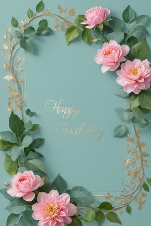 A stunning birthday card for a loving wife, adorned with a vibrant array of flowers surrounding the text. At the center of the card, a large bouquet of varius flowers. Surrounding the bouquet, a variety of delicate blooms dance playfully around the edges, adding a touch of whimsy and sophistication. Pale green foliage provides a crisp contrast against the vivid colors, while long, willowy tendrils of ivy curl gracefully up towards the top of the card, creating a sense of movement and energy. The card's background is a soft, pastel shade of blue, reminiscent of a summer sky, further enhancing the overall serene and romantic atmosphere. The message "Happy Birthday, my love" is written in a flowing script, accentuated with a gold leaf border, inviting the recipient to pause and cherish the sentiment behind the beautifully crafted card.