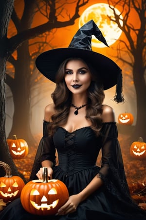 Woman relaxing in Halloween theme , (highly detailed face:1.4), Ultra High Resolution, (Realistic: 1.4),（（Halloween Style））top-quality, Witch clothing、Witch's broom、Halloween Pumpk、holding jack-o'-lantern glowing flame, ​masterpiece,A high resolution, film grains, filmg, 1girl in, looking at the viewers, natural skin textures, realistic eyes and face details, Perfect tooth alignment、Perfect eyes and perfect mouth、in the dark of the night time, in a spooky forest, Witch castle in the background, dark atmosphere, Halloween hat、halloween makeup style、Clothes are disheveled、full body Esbian, #Halloween2024