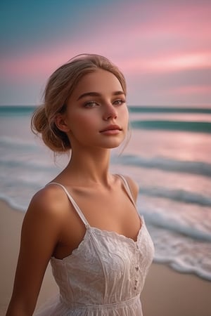 1 woman , 34 year-old, Beautifull, white skin, Alone,with a subtle rosy glow on her cheeks, and carries herself with an air of elegance and poise,Despite her elegant demeanor, there is an underlying force in his gaze.Posing on the beach in the evening breeze.sexy bathing suit,Full body, (best quality, 4K, 8K, high-resolution, masterpiece), ultra-detailed, realistic, photorealistic, intricate design, vibrant colors, detailed facial expression, otherworldly appearance, glowing elements, complex patterns, high contrast, dynamic lighting, cinematic composition, high detail, high resolution.relaxing on the beach, (highly detailed face:1.4), Ultra High Resolution, (Realistic: 1.4), image hyperealism, . She exuded grace and elegance, full body shot more detail XL,, (dynamic seducing pose)
more detail XL,Rebecca,glass beach, crystal marbles, scenery, sky, water