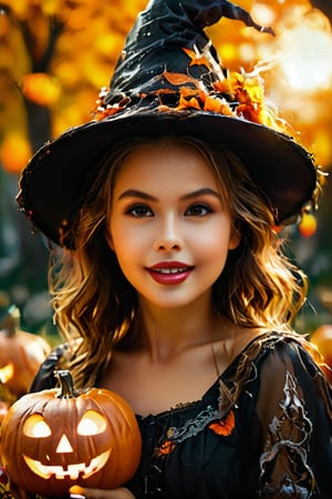 Woman relaxing in Halloween theme , (highly detailed face:1.4), Ultra High Resolution, (Realistic: 1.4),（（Halloween Style））top-quality, Witch clothing、Witch's broom、Halloween Pumpk、holding jack-o'-lantern glowing flame, ​masterpiece,A high resolution, film grains, filmg, 1girl in, looking at the viewers, natural skin textures, realistic eyes and face details, Perfect tooth alignment、Perfect eyes and perfect mouth、in the dark of the night time, in a spooky forest, Witch castle in the background, dark atmosphere, Halloween hat、halloween makeup style、Clothes are disheveled、full body Esbian, #Halloween2024