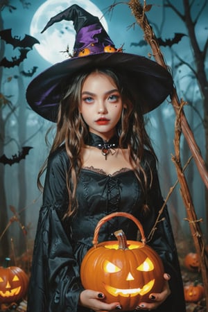 1 woman ,8k RAW photo, （（Halloween Style））top-quality, witch clothing、Witch's broom、Halloween Pumpk、holding jack-o'-lantern glowing flame, ​masterpiece,A high resolution, film grains, filmg, 1girl in, looking at the viewers, natural skin textures, realistic eyes and face details, Perfect tooth alignment、Perfect eyes and perfect mouth、in the dark of the night time, in a spooky forest, witch castle in the background, dark atmosphere, Halloween hat、halloween makeup style、Clothes are disheveled、full body Esbian, #Halloween2024