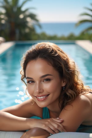 Woman relaxing by the pool, (highly detailed face:1.4), Ultra High Resolution, (Realistic: 1.4), image hyperealism, Her delicate features were complemented by a radiant smile that lit up the room. She exuded grace and elegance, full body shot
more detail XL,, (dynamic seducing pose),Vanessa