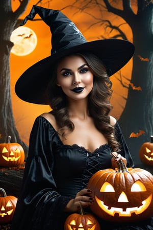 Woman relaxing in Halloween theme , (highly detailed face:1.4), Ultra High Resolution, (Realistic: 1.4),（（Halloween Style））top-quality, Witch clothing、Witch's broom、Halloween Pumpk、holding jack-o'-lantern glowing flame, ​masterpiece,A high resolution, film grains, filmg, 1girl in, looking at the viewers, natural skin textures, realistic eyes and face details, Perfect tooth alignment、Perfect eyes and perfect mouth、in the dark of the night time, in a spooky forest, Witch castle in the background, dark atmosphere, Halloween hat、halloween makeup style、Clothes are disheveled、full body Esbian, #Halloween2024