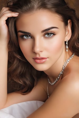 A beautiful 22-year-old woman , (her body fully exposed), exuding confidence and elegance, wearing  jewelry, full body, a necklace, off the shoulders, Sweaters, Realistic, A sexy, strong chest,. She has flawless skin that reflects the light softly. Her luscious, wavy hair cascades down her shoulders, adding a touch of sensuality to the scene. Her mesmerizing eyes, with long, dark eyelashes, sparkle with a hint of mystery. Her perfectly shaped eyebrows frame her eyes, emphasizing their beauty. Her nose, delicately sculpted, fits harmoniously on her face. Her lips, full and rosy, give her a seductive yet gentle smile.