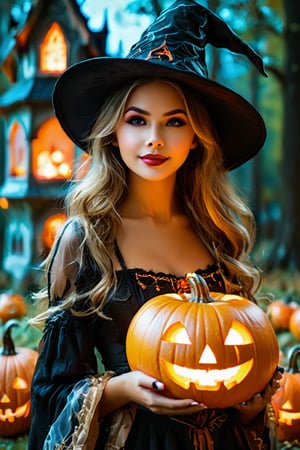 Woman in a Halloween cosplay , (highly detailed face:1.4), Ultra High Resolution, (Realistic: 1.4),（（Halloween Style））top-quality、Halloween Pumpk、holding jack-o'-lantern glowing flame, 、in the dark of the night time, in a spooky forest, Witch castle in the background, dark atmosphere, Halloween hat、halloween makeup style, #Halloween2024