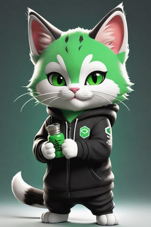 Hexatron, mascot, chibi, High definition, Photo detailed, intricate, production cinematic character render, ultra high quality model, cute  cat mascot in a smug and proud pose, wearing black hoodie , holding paint brush ,light green fur, 