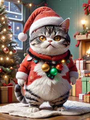 A cute tricolor American Shorthair cat, with a coat featuring patches of white, orange, and black, a pointed face, and yellow eyes, showing a chubby three-to-one body ratio. The cat stands upright like a human and is dressed in Christmas attire, including a Santa hat and other festive decorations. The background is a Christmas-themed setting with a Christmas tree, twinkling lights, and presents, creating a warm and festive atmosphere