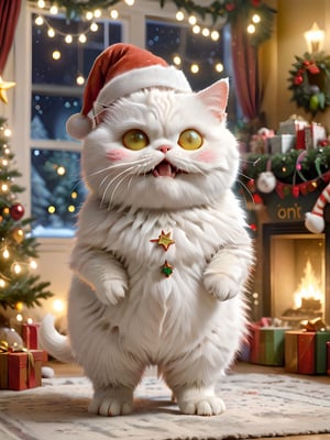 A cute short-haired white cat with a pointed face and yellow eyes, featuring a chubby three-to-one body ratio. The cat stands upright like a human and is dressed in Christmas attire, including a Santa hat and other festive decorations. The background features a Christmas-themed setting with a Christmas tree, twinkling lights, and presents. The whole image exudes a warm, festive atmosphere