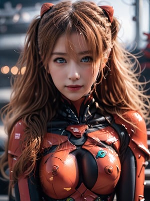 (exquisite beautiful eyes: 1.5), (charactor focus:1.5,cowboy shot:1.5),(hair color : red  ,straight hair:1.5,long hair),(aqua eyes:1.2), (beautiful face),(light smile:1.5),Gentle face,happy smile, neat and clean、adorable、Slim Body,(tareme:1.5),shiny hair, shiny skin,Detail,smile, (oil shiny skin:1.0), willowy, chiseled, (upper body:1.2),(perfect anatomy, prefecthand, dress, long fingers, 4 fingers, 1 thumb), (artistic pose of awoman),r3al, (best quality, masterpiece:1.2), photorealistic, (cinematic composition:1.3), bokeh:1.2, lens flar, Exquisite details and textures, realhands,(Masterpiece,  Best Quality: 1.4),  (Beauty,  Aesthetics,  Lovely,  Lovely: 1.2),  (Depth of Field: 1.2), Sexy,  Perfect Female,  Expressive Eyes,  breasts,   has real hands,  the best face in the world,  beautiful legs and a hot body,FilmGirl,Perfect proportion,Wonder of Beauty,PatchDef, full_body,sexy_pose,eva,Asuka,明日香，asuka_langley_soryu,(hair color:red)

Create an intricately detailed image of Asuka Langley Soryu, a 14-year-old character of mixed German and Japanese heritage, standing 5’2” (157 cm) tall, with a weight proportionate to her height, emphasizing her youthful yet strong physique. Her vibrant red hair is styled in twin tails, showcasing her energetic personality. Her facial features include piercing blue eyes, a small nose, and a determined expression that reflects her fiery and competitive spirit. Asuka is dressed in her signature red plug suit, which is form-fitting and engineered with white, black, and neon green accents. The suit includes detailed elements such as the interface headset around her head, light armor plating on the shoulders, chest, and knees for protection, and visible neural connectors. The design of the plug suit highlights its functionality for piloting the Evangelion Unit-02, with a focus on the suit’s sleek aerodynamics and the technological interface,RED HAIR,sexy_pose，(full body shot:1)(low angle),