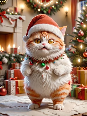 A cute orange and white cat,  possibly a mixed breed,  with a white coat featuring orange patches,  a pointed face,  and yellow eyes,  showing a chubby three-to-one body ratio. The cat stands upright like a human and is dressed in Christmas attire,  including a Santa hat and other festive decorations. The background is a Christmas-themed setting with a Christmas tree,  twinkling lights,  and presents,  creating a warm and festive atmosphere,
Steps: 30, Sampler: DPM++ 2M Karras, CFG scale: 7.0, Seed: 2727290623, Size: 768x1024, Model: starlightAnimated_v3-5: c98f856b7129", Version: v1.6.0.109, TaskID: 671619923163754966
