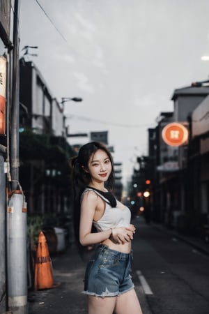 masterpiece, best quality, dreamwave, aesthetic, 1girl, (glass:1.1),(false:1.15),(void:1.25),(magic:1.25),best quality taiwan's women, cute, kawaii,bokeh, night, full_body ,Standing on a busy street in Taiwan, a young and lovely Asian woman, about 18-24 years old. She wore her long, highlighted hair,ponytail hair,and looked sexy and beautiful in a tight low-cut  and ripped denim shorts. Behind her, there are colorful shop and restaurant signs. She smiled confidently. , with real hands,girl,niples,beaut_eyes,,Detailedface,bul4n,perfect,nipples,hand