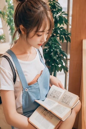 (Masterpiece, Best Quality: 1.4), (Beauty, Aesthetics, Lovely, Lovely: 1.2), (Depth of Field: 1.2), Perfect female form, expressive eyes, long hair, high ponytail, forehead exposed, Asia Teenager, bokeh, silver collarbone necklace, high-quality Taiwanese beauty, cute, full body, bookstore, about 18-20 years old, real hands, white short-sleeved T-shirt, blue suspenders, trouser legs rolled up, brown hair, holding in hand Writing a book,Hanbok,FilmGirl,chibi,sll