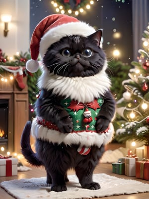 A cute black cat with white fur on its chest and belly, featuring a chubby three-to-one body ratio. The cat stands upright like a human and is dressed in Christmas attire, including a Santa hat and other festive decorations. The background features a Christmas-themed setting with a Christmas tree, twinkling lights, and presents. The whole image exudes a warm, festive atmosphere