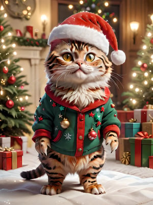 A cute Bengal cat with a distinctive spotted coat,  pointed face,  and yellow eyes,  featuring a chubby three-to-one body ratio. The cat stands upright like a human and is dressed in Christmas attire,  including a Santa hat and other festive decorations. The background features a Christmas-themed setting with a Christmas tree,  twinkling lights,  and presents. The whole image exudes a warm,  festive atmosphere,
Steps: 30, Sampler: DPM++ 2M Karras, CFG scale: 7.0, Seed: 524166583, Size: 768x1024, Model: starlightAnimated_v3-5: c98f856b7129", Version: v1.6.0.109, TaskID: 671622646173031461Steps: 30, Sampler: DPM++ 2M Karras, CFG scale: 7.0, Seed: 2727290623, Size: 768x1024, Model: starlightAnimated_v3-5: c98f856b7129", Version: v1.6.0.109, TaskID: 671619923163754966