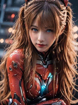 (exquisite beautiful eyes: 1.5), (charactor focus:1.5,cowboy shot:1.5),(hair color : red  ,straight hair:1.5,long hair),(aqua eyes:1.2), (beautiful face),(light smile:1.5),Gentle face,happy smile, neat and clean、adorable、Slim Body,(tareme:1.5),shiny hair, shiny skin,Detail,smile, (oil shiny skin:1.0), willowy, chiseled, (upper body:1.2),(perfect anatomy, prefecthand, dress, long fingers, 4 fingers, 1 thumb), (artistic pose of awoman),r3al, (best quality, masterpiece:1.2), photorealistic, (cinematic composition:1.3), bokeh:1.2, lens flar, Exquisite details and textures, realhands,(Masterpiece,  Best Quality: 1.4),  (Beauty,  Aesthetics,  Lovely,  Lovely: 1.2),  (Depth of Field: 1.2), Sexy,  Perfect Female,  Expressive Eyes,  breasts,   has real hands,  the best face in the world,  beautiful legs and a hot body,FilmGirl,Perfect proportion,Wonder of Beauty,PatchDef, full_body,sexy_pose,eva,Asuka,明日香，asuka_langley_soryu,(hair color:red)

Create an intricately detailed image of Asuka Langley Soryu, a 14-year-old character of mixed German and Japanese heritage, standing 5’2” (157 cm) tall, with a weight proportionate to her height, emphasizing her youthful yet strong physique. Her vibrant red hair is styled in twin tails, showcasing her energetic personality. Her facial features include piercing blue eyes, a small nose, and a determined expression that reflects her fiery and competitive spirit. Asuka is dressed in her signature red plug suit, which is form-fitting and engineered with white, black, and neon green accents. The suit includes detailed elements such as the interface headset around her head, light armor plating on the shoulders, chest, and knees for protection, and visible neural connectors. The design of the plug suit highlights its functionality for piloting the Evangelion Unit-02, with a focus on the suit’s sleek aerodynamics and the technological interface,RED HAIR,sexy_pose，(full body shot:1)(low angle),