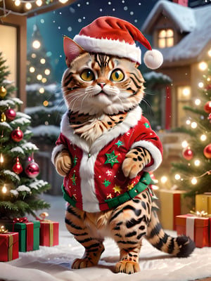 A cute Bengal cat with a distinctive spotted coat, pointed face, and yellow eyes, featuring a chubby three-to-one body ratio. The cat stands upright like a human and is dressed in Christmas attire, including a Santa hat and other festive decorations. The background features a Christmas-themed setting with a Christmas tree, twinkling lights, and presents. The whole image exudes a warm, festive atmosphere