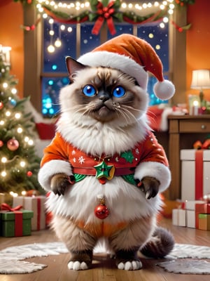 A cute Siamese cat with orange fur and white fur on its chest and belly, featuring a chubby three-to-one body ratio. The cat stands upright like a human and is dressed in Christmas attire, including a Santa hat and other festive decorations. The background features a Christmas-themed setting with a Christmas tree, twinkling lights, and presents. The whole image exudes a warm, festive atmosphere
