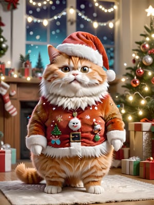 A cute short-haired orange cat with white fur on its chest and belly, featuring a chubby three-to-one body ratio. The cat stands upright like a human and is dressed in Christmas attire, including a Santa hat and other festive decorations. The background features a Christmas-themed setting with a Christmas tree, twinkling lights, and presents. The whole image exudes a warm, festive atmosphere