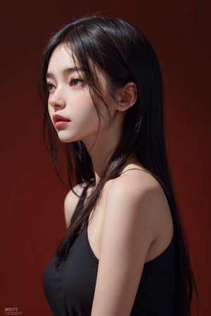 a 20 yo woman,long hair,dark theme, soothing tones, muted colors, high contrast, (natural skin texture, hyperrealism, soft light, sharp),red background,simple background, ,doggystyle