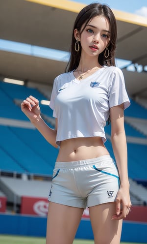 1girl, solo, long hair, breasts, looking at viewer, blue eyes, large breasts, shirt, black hair, holding, jewelry, standing, collarbone, white shirt, short sleeves, thighs, cowboy shot, sweat, earrings, outdoors, parted lips, sky, shorts, day, necklace, blurry, blue sky, hand on hip, short shorts, blurry background, watermark, forehead, ball, white shorts, sportswear, soccer uniform, stadium, soccer, boa hancock,realhands,hancock1