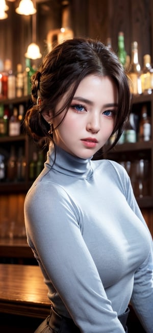 #McBane: photo of extremely sexy italian woman, a sexy student, closeup portrait upsweep updo, (red tight long sleeve turtleneck top), at a  bar, masterpiece, photorealistic, best quality, detailed skin, intricate, 8k, HDR, cinematic lighting, sharp focus, eyeliner, painted lips, earrings, extremely sexy seductive blue eyes, perfect