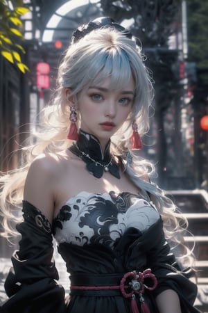 (Masterpiece, highest quality, ultra-detailed, 16K, high contrast, HDR, vibrant color, RAW photo, (photorealistic:1.2), beautiful and aesthetic), cinematic lighting, medium breasts, tall and slim body, (((Genshin Impact, Ayaka, ayakadef, long pale white blue hair))), glowing hair, looking at the viewer, futuristic, elegant, glowing, magical, scenic, landscape, iconic, Japanese ancient streets, torii, bonsai forest, scifi, neotokyo, (yinyangtech, yinyang, water flow), midjourney, close up portrait,1 girl,milf